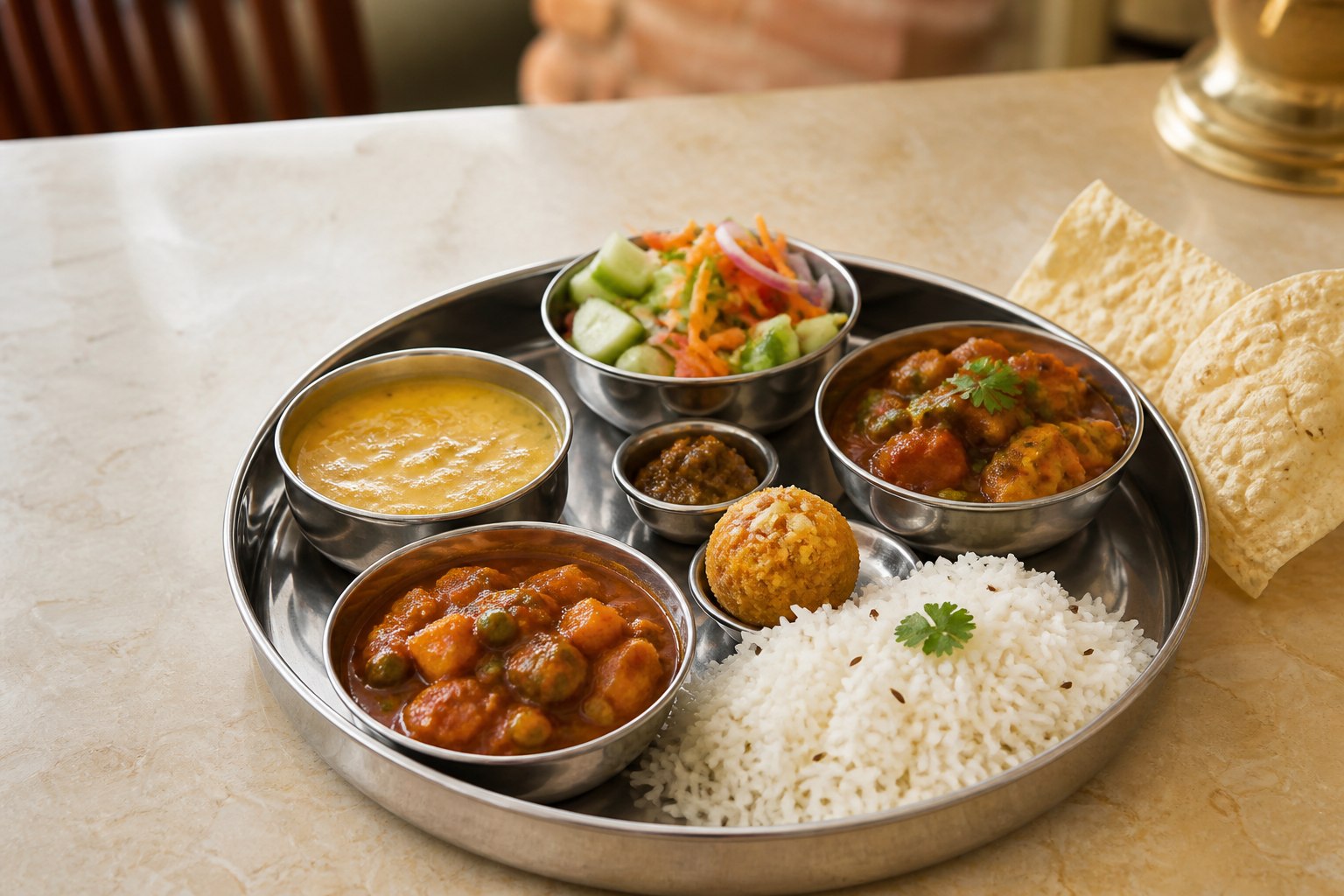 Vegetarian prasadam thali with curries, dhal, rice, salad and papad